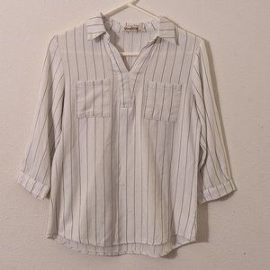 Black & White Striped Quarter Sleeve Blouse, Collar Shirt, Front Pocket, V Neck